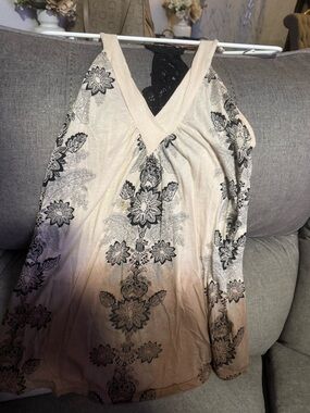 Beige Floral Print V-Neck Tank Top